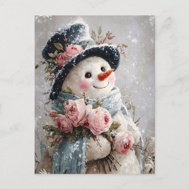 Cute Snowman with Pink Roses Postkarte (Vorderseite)