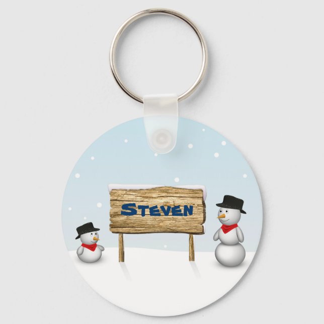 Cute Snowmen with Personalized Name Plate Schlüsselanhänger (Vorderseite)