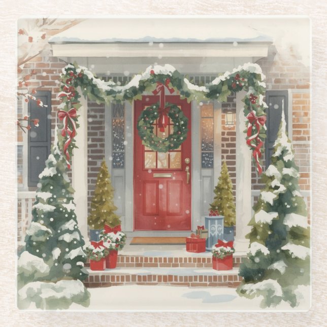 Cute Snowy Christmas Porch  Glasuntersetzer (Vorderseite)