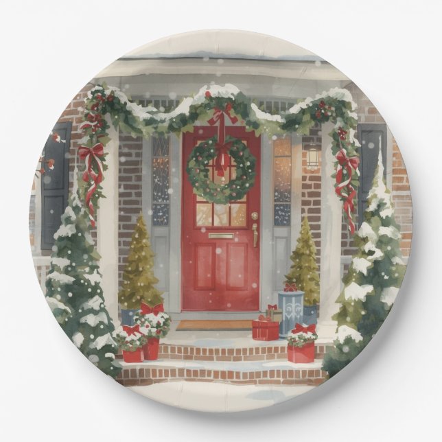 Cute Snowy Christmas Porch  Pappteller (Vorderseite)