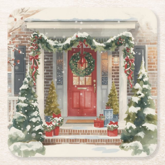 Cute Snowy Christmas Porch  Rechteckiger Pappuntersetzer (Vorderseite)
