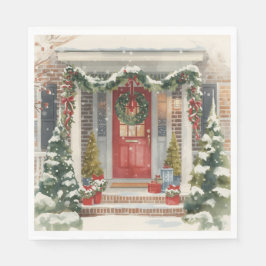 Cute Snowy Christmas Porch Serviette