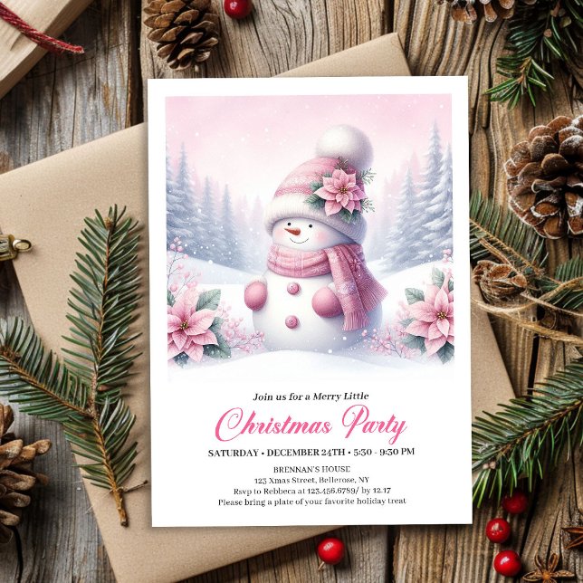 Cute Snowy Forest Pink Snowman Kids Invite Digital Einladung (Cute Snowy Forest Pink Snowman Kids Invite Digital File)