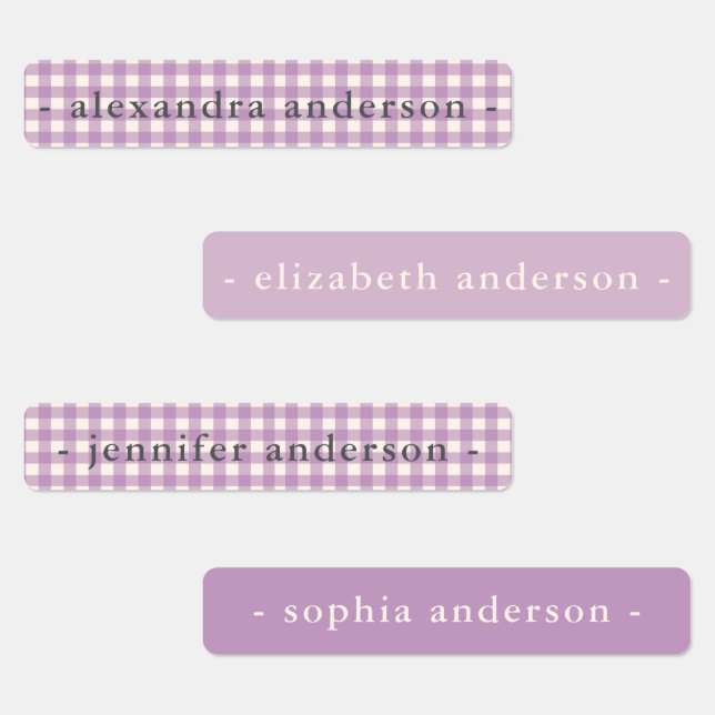 Cute Soft Purple Gingham Kids Waterproof Name Etiketten (Gruppe)