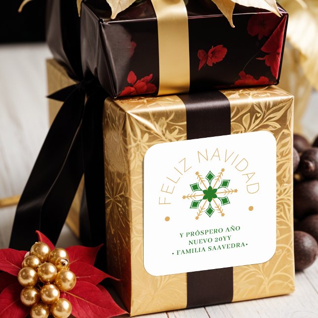 Cute Sophisticated Gold & Green Snowflake Spanish Quadratischer Aufkleber (Cute Sophisticated Faux Golden & Green Snowflake Christmas Winter Square Stickers in Spanish.)