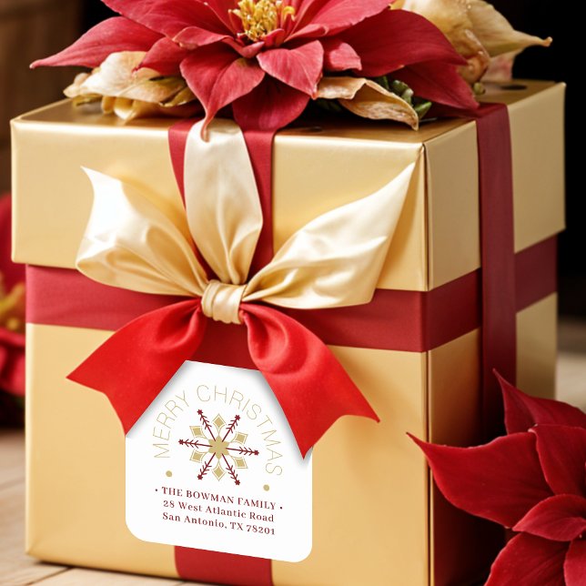 Cute Sophisticated Gold & Red Snowflake Winter Quadratischer Aufkleber (Cute Sophisticated Faux Golden & Dark Red Snowflake Christmas Winter Square Stickers. )