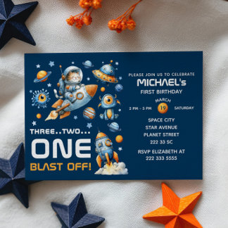 Cute Space Astronaut Cat Blast Off 1st Birthday Einladung