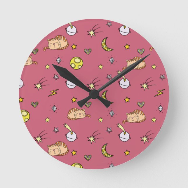Cute Space Cat Pattern – Adorable Cosmic Kitty Runde Wanduhr (Vorderseite)