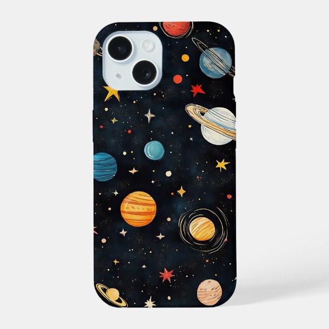 Cute Space Planets Pattern iPhone 15 Hülle (Rückseite)