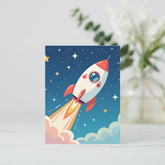 Cute space rocket blasting off postkarte (Stehend Vorderseite)