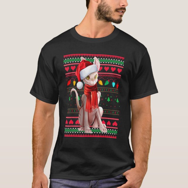 Cute Sphynx Cat Wearing Santa Hat Celebrate Christ T-Shirt (Vorderseite)