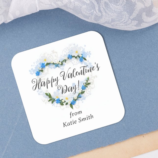 Cute Splendid Blue Shades Floral Valentine's Day  Quadratischer Aufkleber (Cute Splendid Blue Shades Floral Valentine's Day Wreath Square Sticker.)