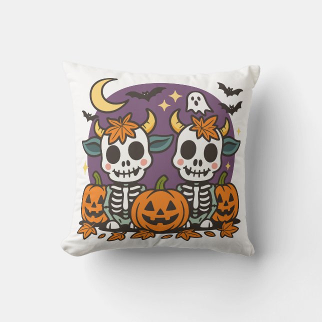 Cute Spooky Skeleton Cows Throw Pillow Kissen (Vorderseite)