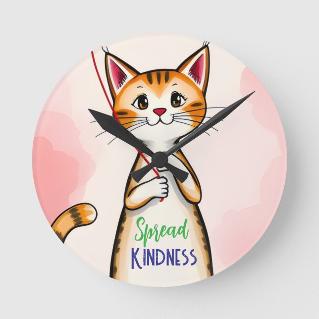 Cute Spread Kindness Cat Clock Runde Wanduhr (Vorderseite)