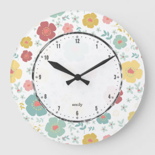 Cute Spring Flowers Pattern Pastel Colors Große Wanduhr