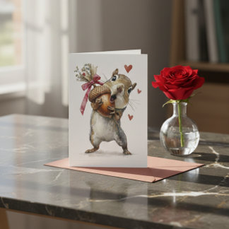 Cute Squirrel Valentine Card with Acorn and Hearts Feiertagskarte