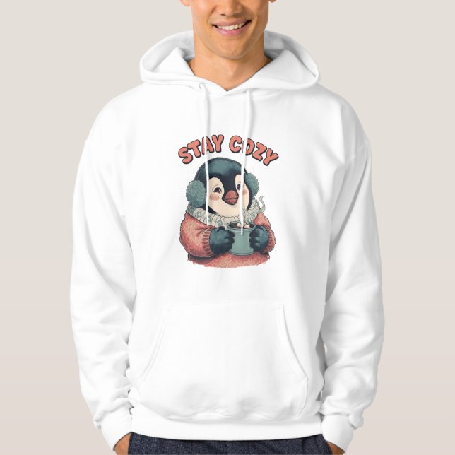 Cute Stay Cozy Penguin Drinking Hot Cocoa T-Shirt Hoodie (Vorderseite)
