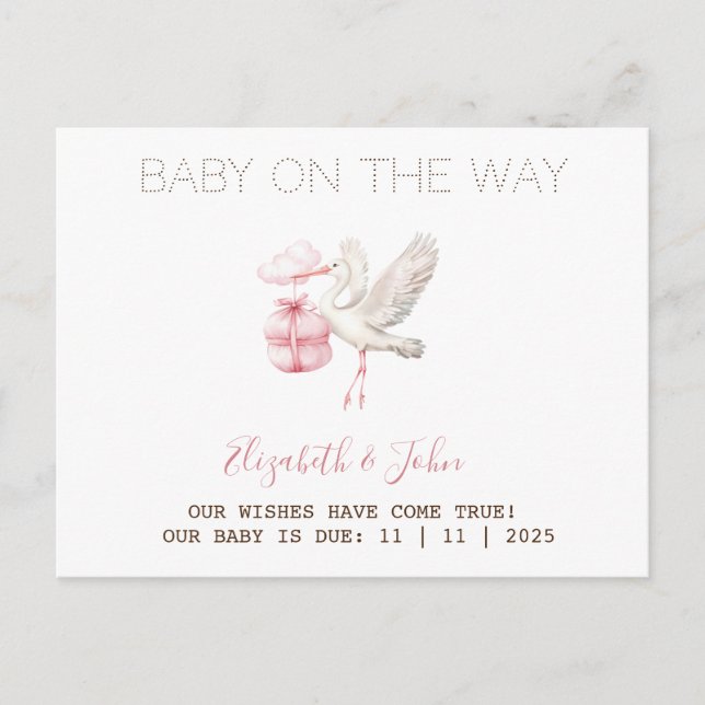 Cute Stork Pink Present Ankündigungspostkarte (Vorderseite)