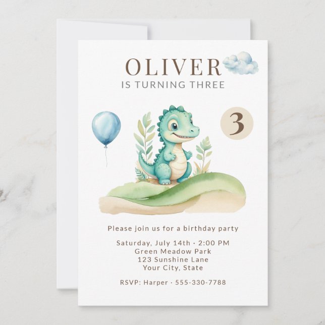Cute Storybook Dinosaur Birthday Party Invitation Einladung (Vorderseite)