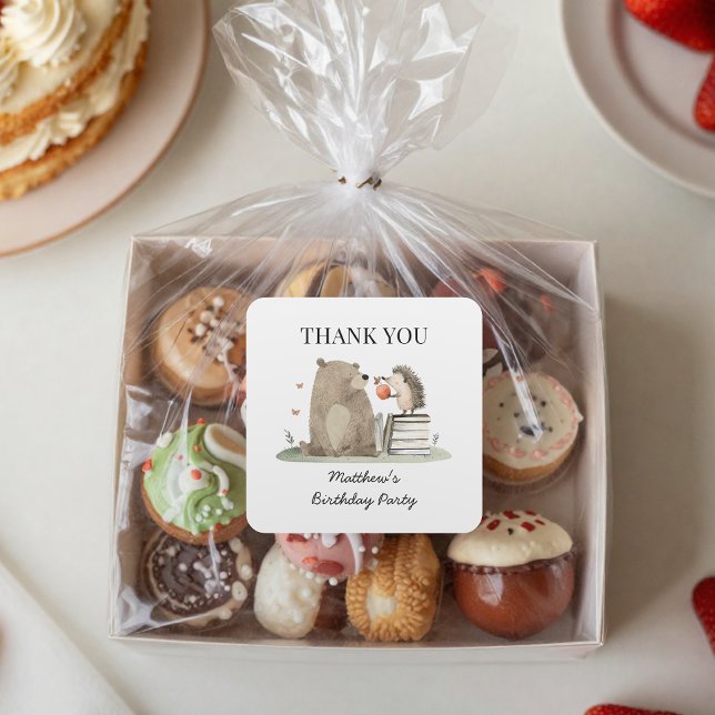 Cute Storybook Woodland Animals Birthday Thank You Quadratischer Aufkleber (Von Creator hochgeladen)