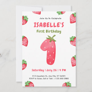 Cute Strawberry Berry 1st Birthday Invitation   Einladung