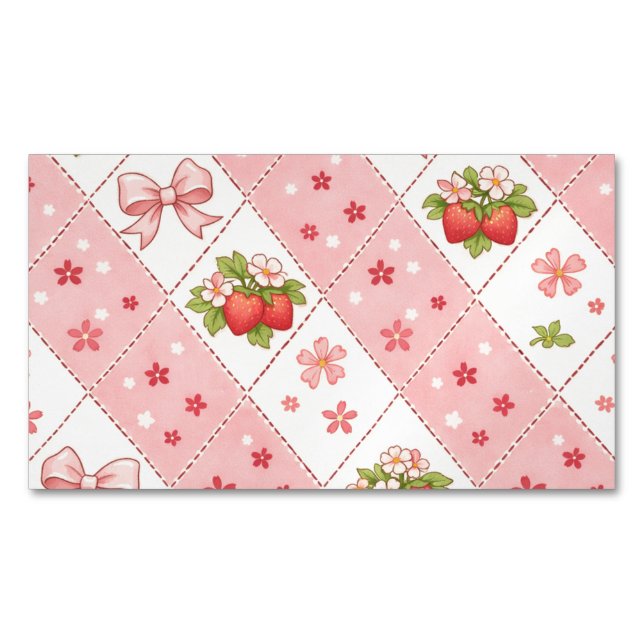 cute strawberry bow floral seamless pattern design magnetische visitenkarte (Vorderseite)