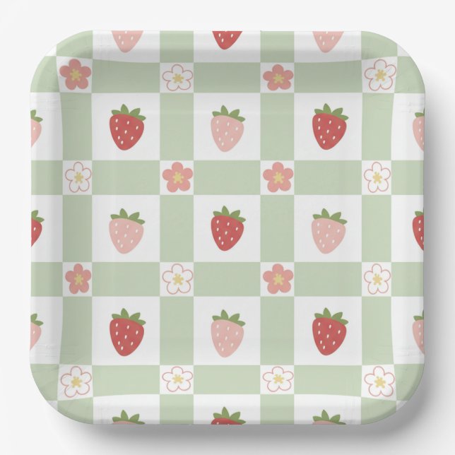 Cute Strawberry Checkered Kids Birthday  Pappteller (Vorderseite)
