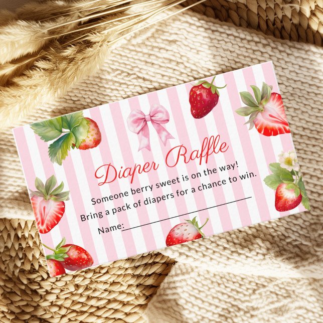 Cute Strawberry Diaper Raffle Baby Shower Begleitkarte (Pink stripe background strawberry Baby shower diaper raffle card)