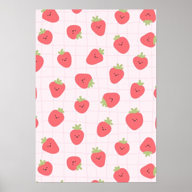 Cute Strawberry Pattern – Kawaii Strawberry Poster (Vorne)
