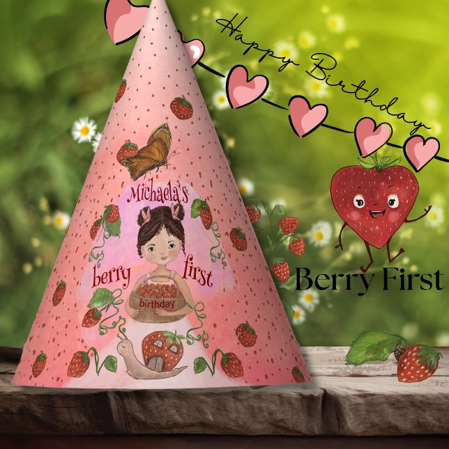 Cute Strawberry Snail & Girl First Birthday Party  Partyhütchen (Cute Strawberry Snail & Girl First Birthday Party Party Hat)
