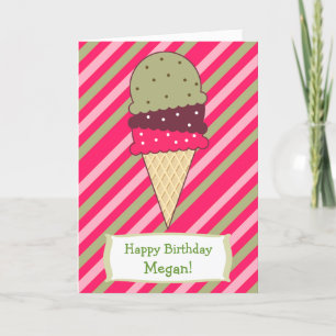 Cute Strawberry Stripes Ice Cream Cone Birthday Karte