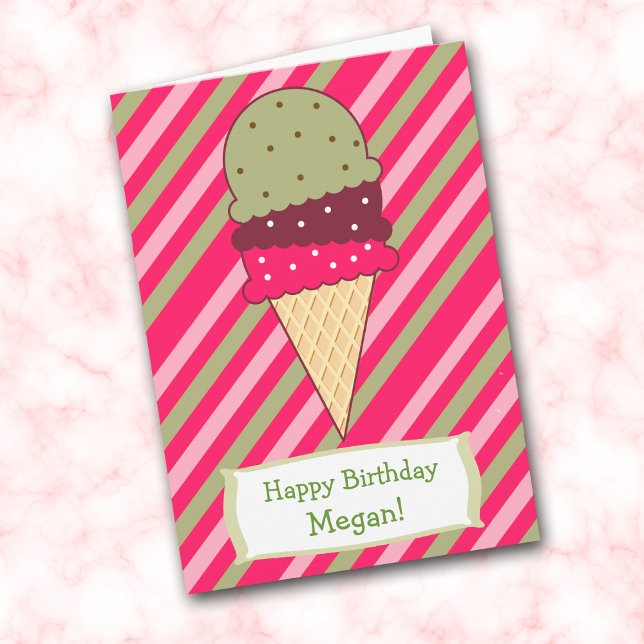 Cute Strawberry Stripes Ice Cream Cone Birthday Karte (Von Creator hochgeladen)