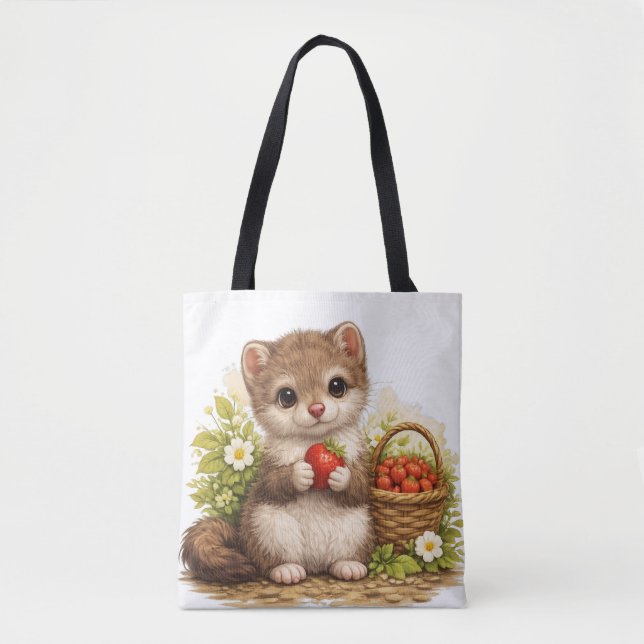 Cute Strawberry Weasel Tote Bag – Kawaii Woodland (Vorderseite)