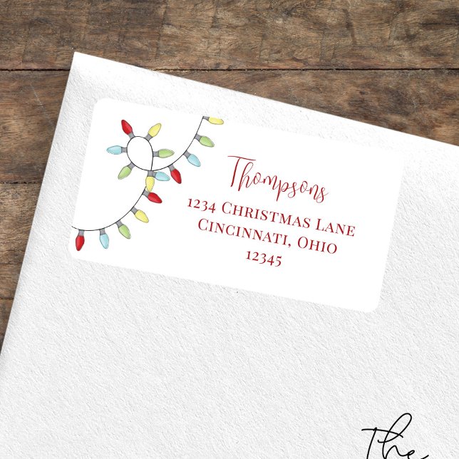 Cute String Lights Christmas Return Address Adressaufkleber (Christmas whimsical colorful lights holiday return address label)