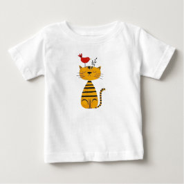 Cute Striped Cat and Red Bird Art Baby T-shirt