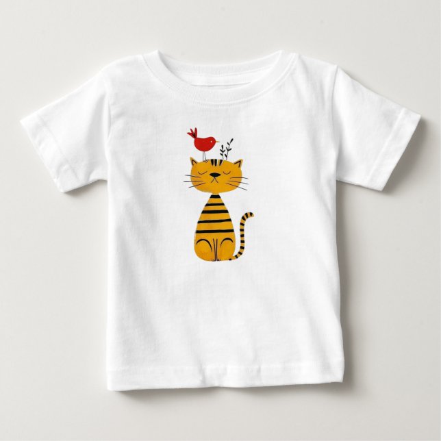 Cute Striped Cat and Red Bird Art Baby T-shirt (Vorderseite)