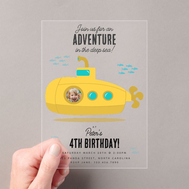 Cute Submarine Deep Sea Birthday Kids Photo Acryleinladungen (Insitu (Handheld))