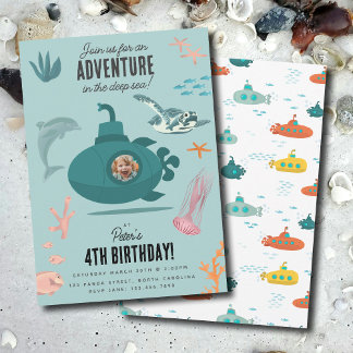 Cute Submarine Deep Sea Birthday Kids Photo Einladung