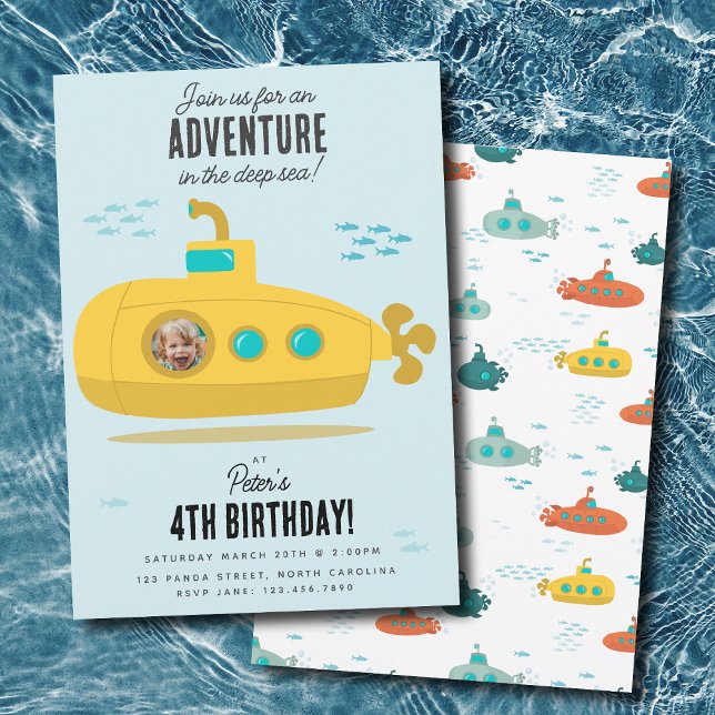 Cute Submarine Deep Sea Birthday Kids Photo Einladung (Cute Submarine Deep Sea Birthday Kids Photo Invitation)