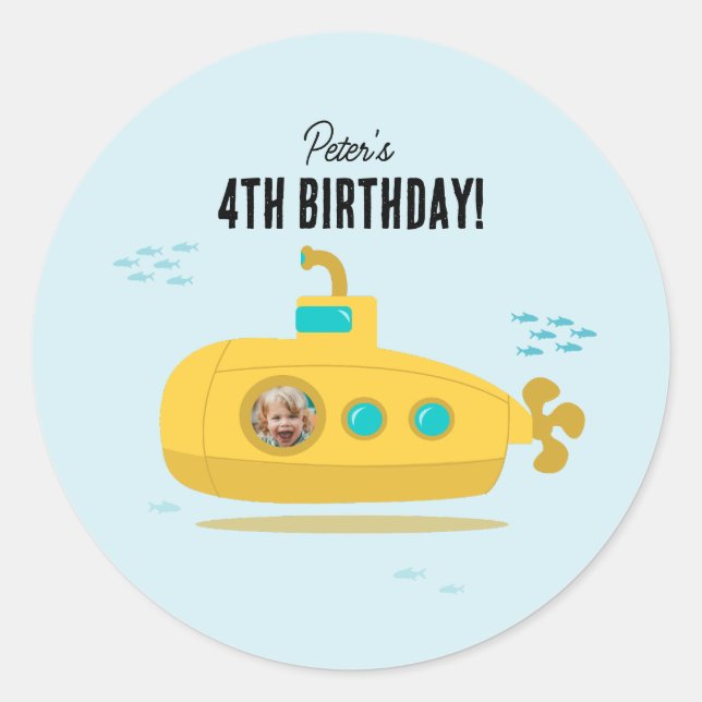 Cute Submarine Deep Sea Birthday Kids Photo Runder Aufkleber (Vorderseite)
