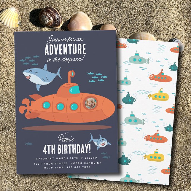 Cute Submarine Deep Sea Birthday Kids Photo Shark Einladung (Cute Submarine Deep Sea Birthday Kids Photo Shark Invitation)