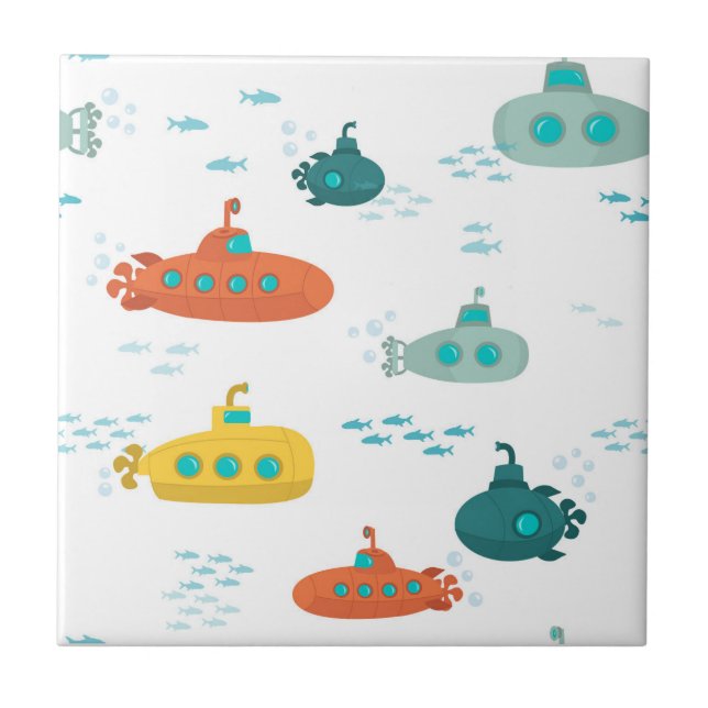 Cute Submarine Nautical Deep Sea Fish Kids Fliese (Vorderseite)
