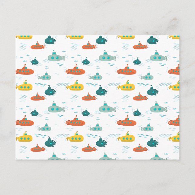 Cute Submarine Nautical Deep Sea Fish Pattern Postkarte (Vorderseite)
