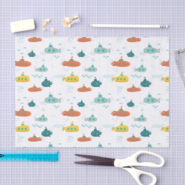Cute Submarine Nautical Deep Sea Fish Pattern Seidenpapier (Handwerk)