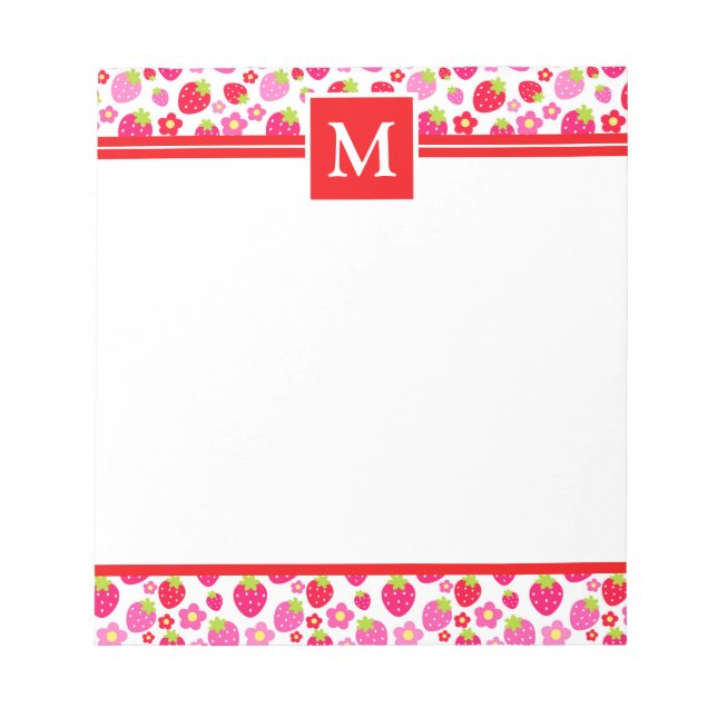 Cute Summer Red & Pink Strawberries Monogram Notizblock (Vorderseite)