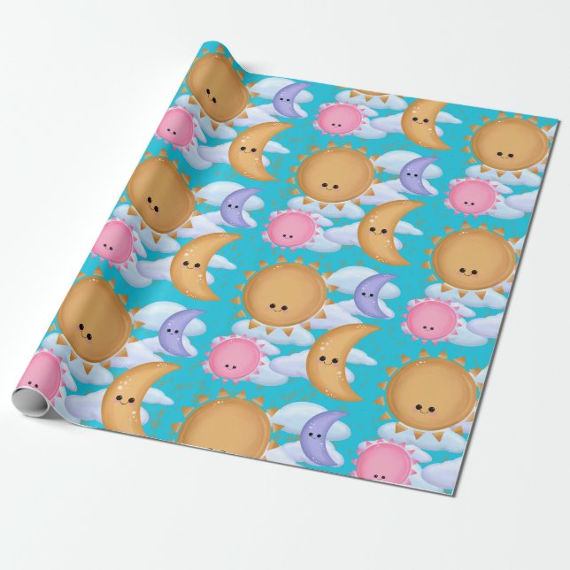 Cute Sun Moon and Cloud Pattern Wrapping Paper Geschenkpapier (Ungerollt)