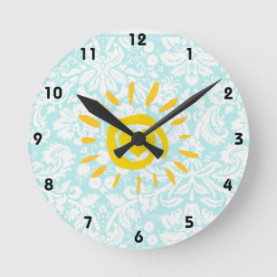 Cute Sun; Teal Damask Runde Wanduhr