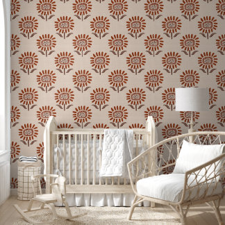 Cute Sunflower Block Print in Terracotta & Beige Tapete