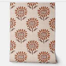 Cute Sunflower Block Print in Terracotta & Beige Tapete