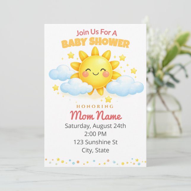Cute Sunshine Baby Shower Einladung (Stehend Vorderseite)